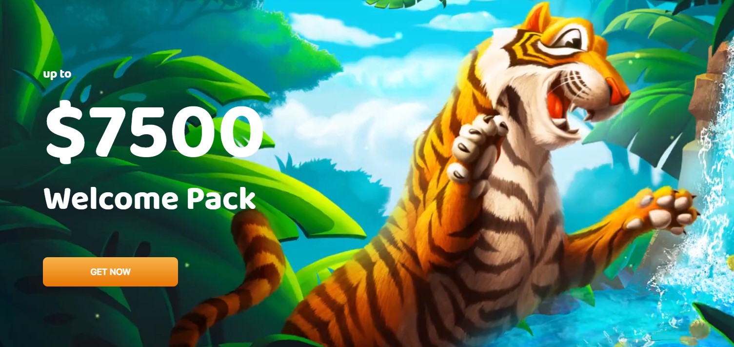 The eye-catching main banner promoting the generous welcome bonus of up to $7,500, encouraging new players to sign up and take advantage of this lucrative offer.